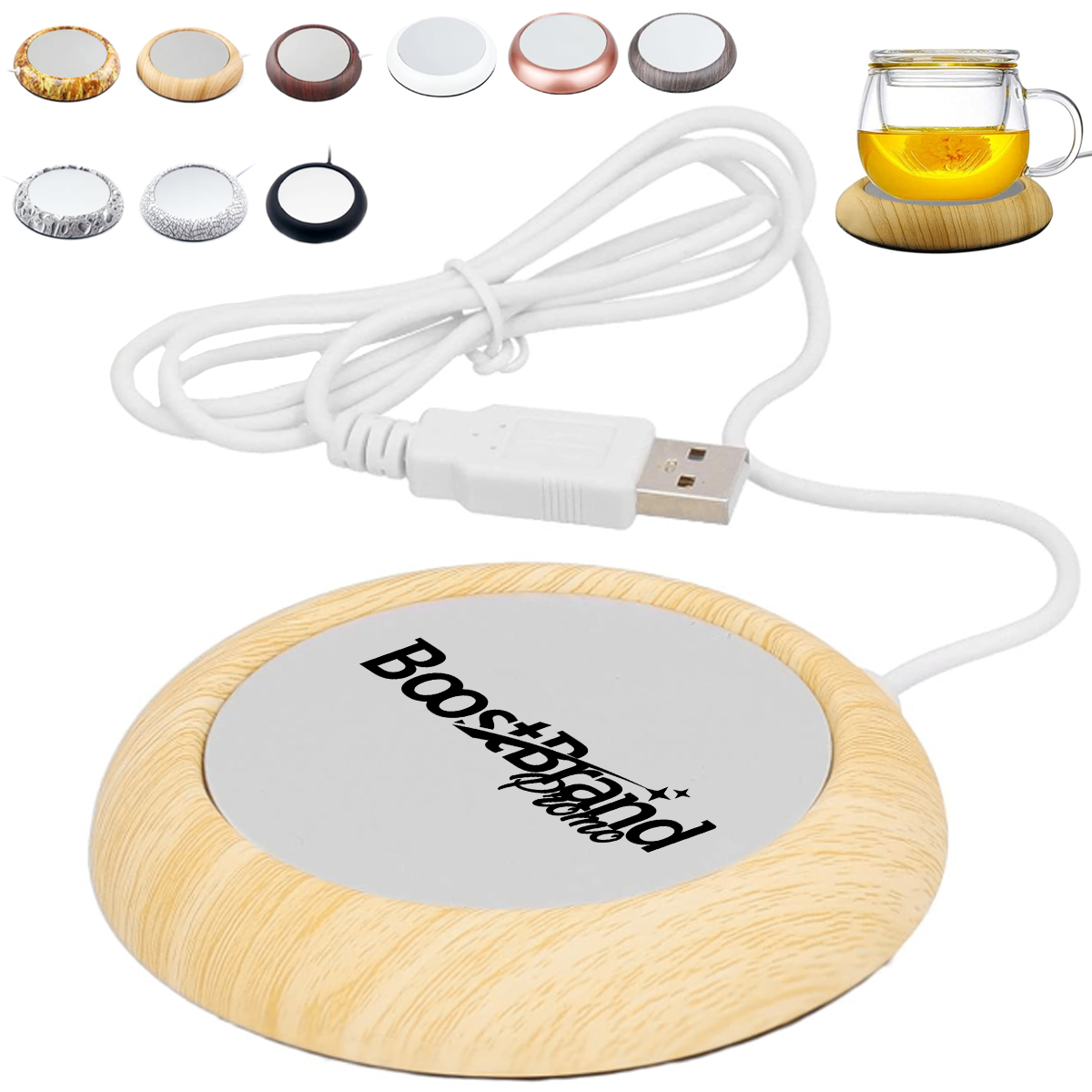 USB Powered Beverage Mug Warmer with Wood Grain Base