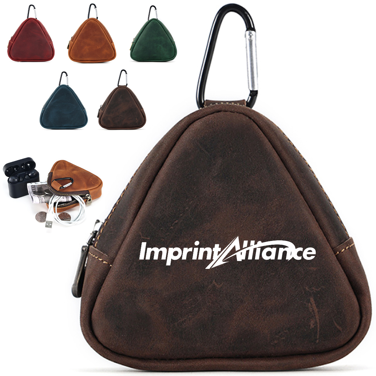 Triangular Leather Coin Purse with Zipper and Strap