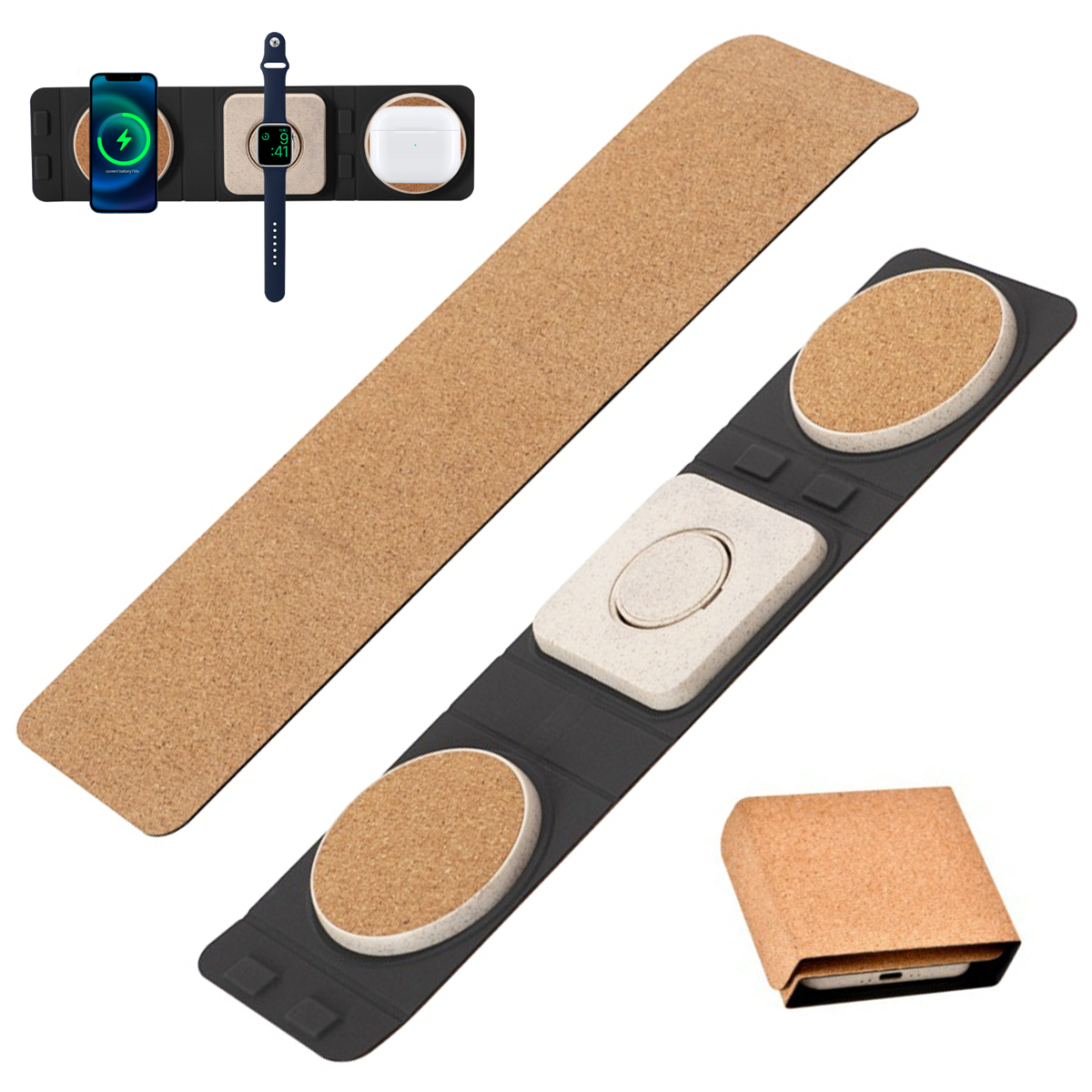 Cork & Wheat Straw 3-in-1 Foldable Wireless Charger