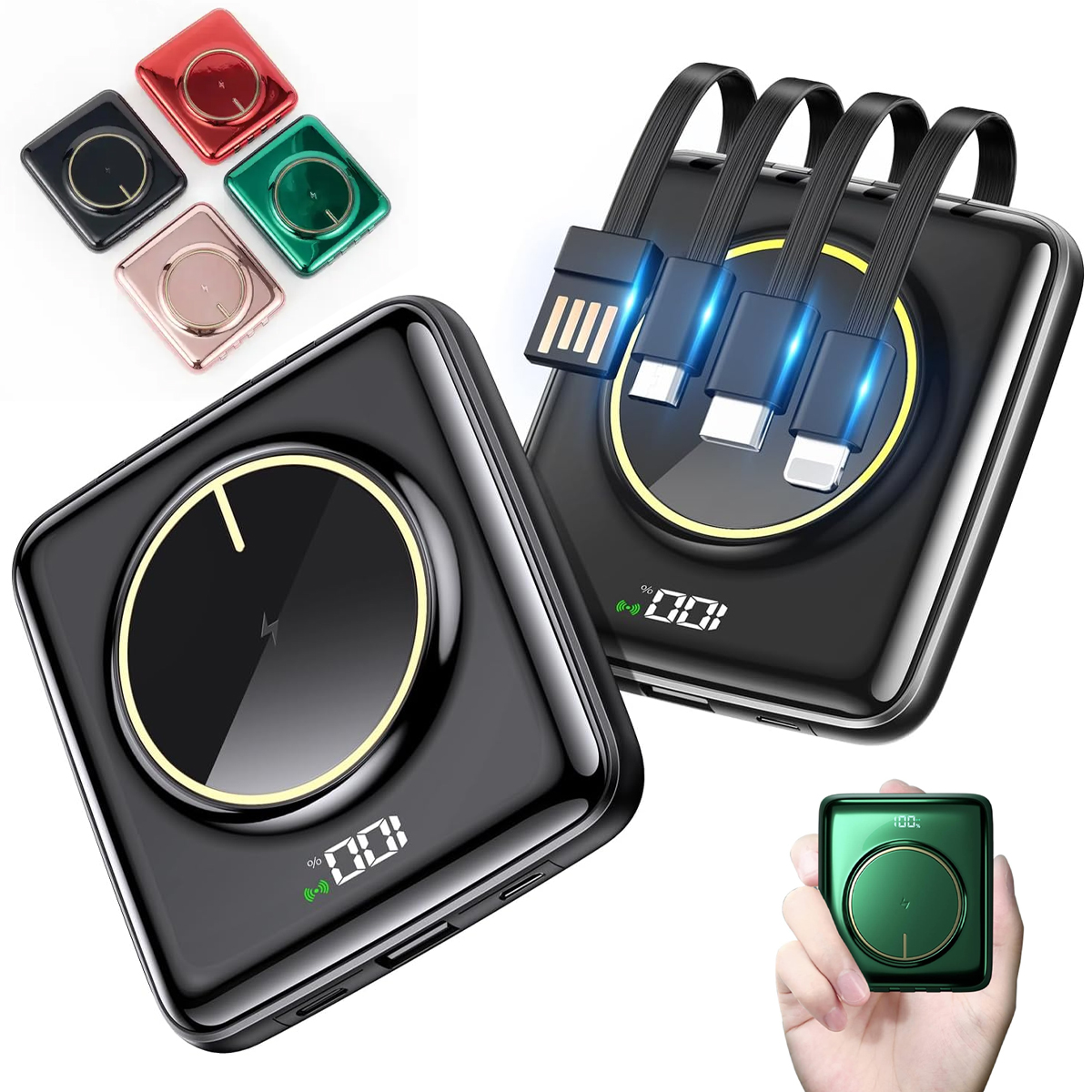 10000mAh Digital Display Power Bank with Built-in Cables